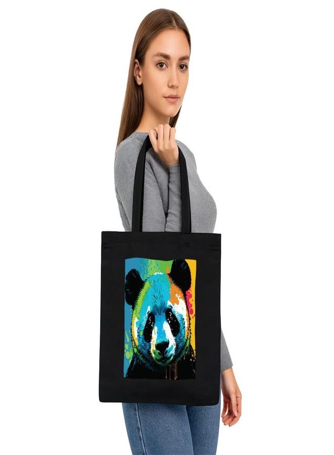 PrintingZone حقيبة تسوق سوداء من PrintingZone مزودة بجيب، حقائب قماشية مطبوعة بتصميمات مميزة للنساء، سعة كبيرة | حقيبة تسوق | للجامعة | للسفر | المزيد من حقائب اليد القماشية للجنسين (BTB61) - Image 3